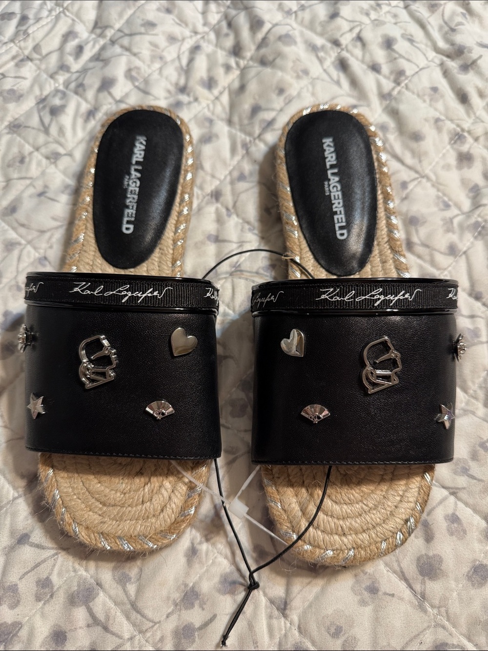 Karl Lagerfeld Black Leather Studded Espadrille Slide Sandals 5 1/2